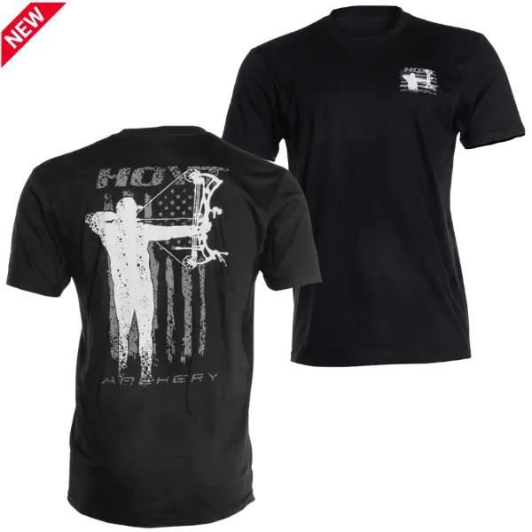 Hoyt Archery Flag T-Shirt, Compound Bow Graphic, American Hunter Shirt, Patriotic Outdoor Style, Vintage Back Print Design, Gift For Men Women