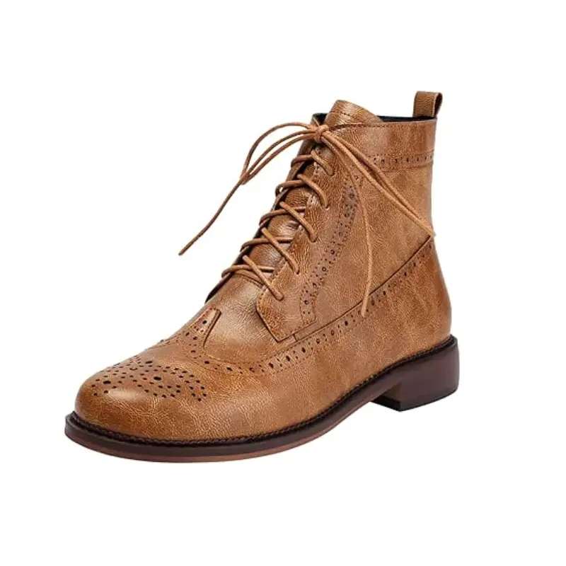 Women Comfortable Wingtip Ankle Boots Classic Brogue Short Boots with Side Zipper Mid Block Heel Lace Up Office Work Boots