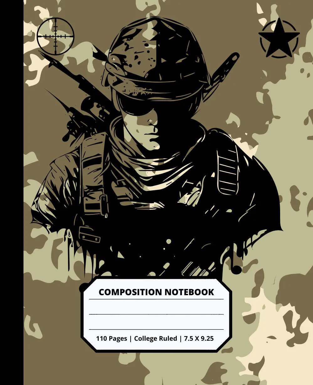 Military Army Design Composition Notebook for Adults Kids Boys Girls Teens 110 Pages College Ruled 7.5 x 9.25 Lined Paper Composition Book