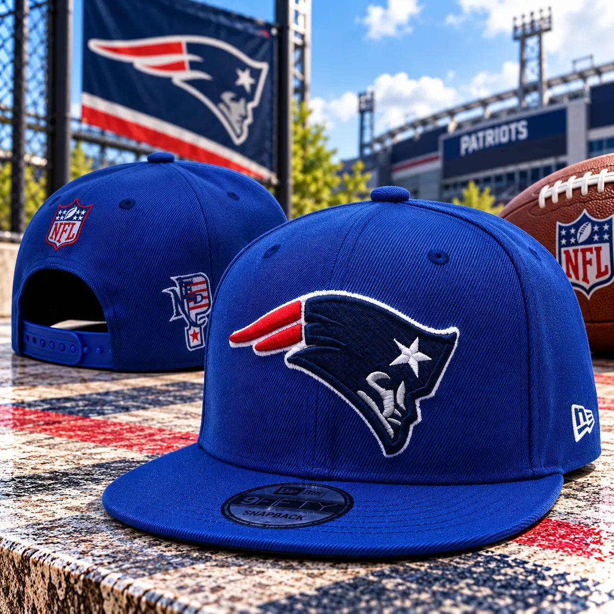 Patriots Royal Blue Snapback Hat – Embroidered Football Team Logo, Adjustable Flat Brim Baseball Cap, Unisex Sports Streetwear