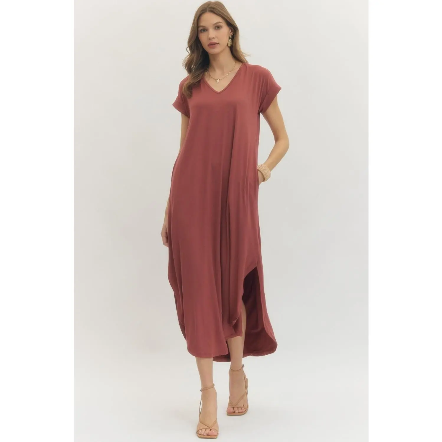 Entro Solid Jersey Knit V-Neck Maxi Dress - Marsala