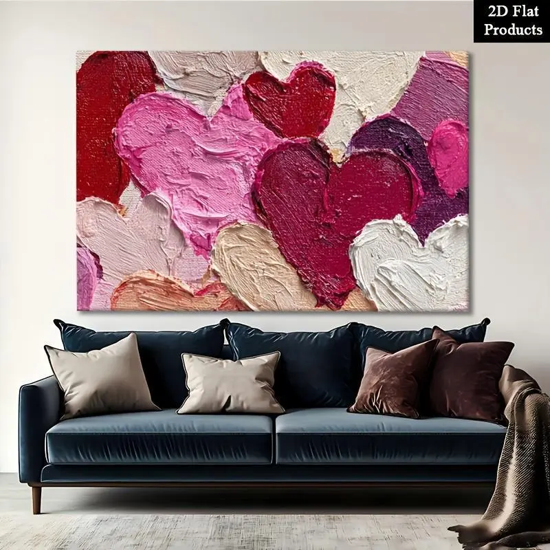 2D Flat Abstract Heart Stack Framed Wall Art - Modern Layered Heart Motif Canvas Print, Neutral Gray Palette, Valentines Day Gift, Living Room Decor, All Seasons Home Decor