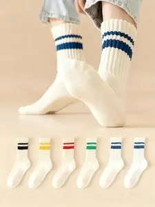 Women's Thickened Mid-Calf Socks, 6 Pairs, Fall & Winter Long Tube Socks, Colorblock Japanese Style Chunky Knit Warm Socks