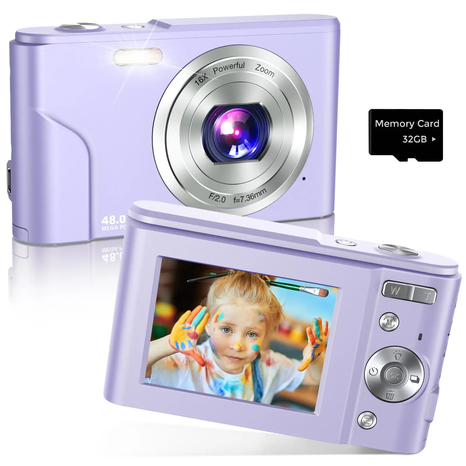 48MP 1080P Digital Camera, 1 Count 16X Digital Zoom Camera with 32G Memory Card, USB Rechargeable Auto Focus Camera, Point & Shoot Camera for Teenager