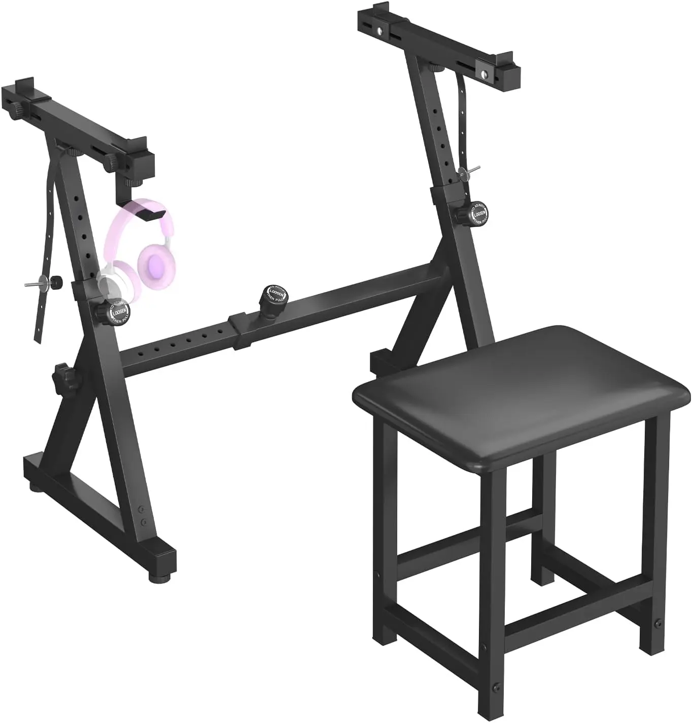 Z Style Keyboard Stand with Bench Set, Heavy Duty Piano Stand Fully Adjustable Height & Width for 54-88 Key Electric Digital Keyboards, Dual Secure with Keyboard Buckle & Locking Straps, Headphone Hook, Sturdy Stool for Home Stage Studio