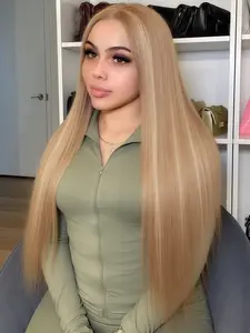 Blonde Highlights 13×4 Lace Front Wig, Long Straight Blonde Stripe Synthetic Wig, Pre Plucked Natural Hairline Wig For Women(28 Inch ), Straight Texture