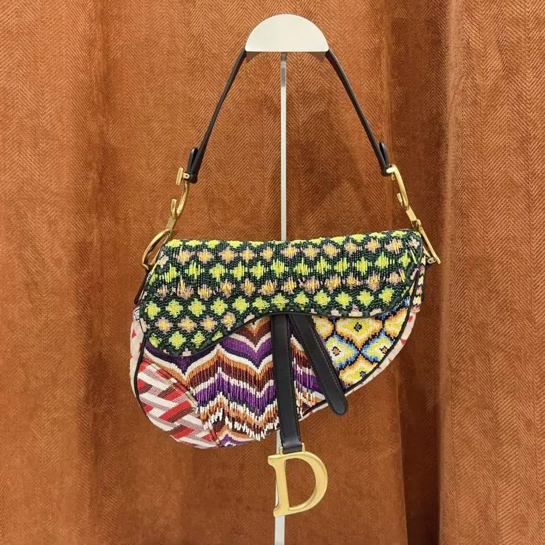 Pre-owned Dior 2019 Runway Saddle Bag with Exquisite Embroidery and Beading in Leather Material