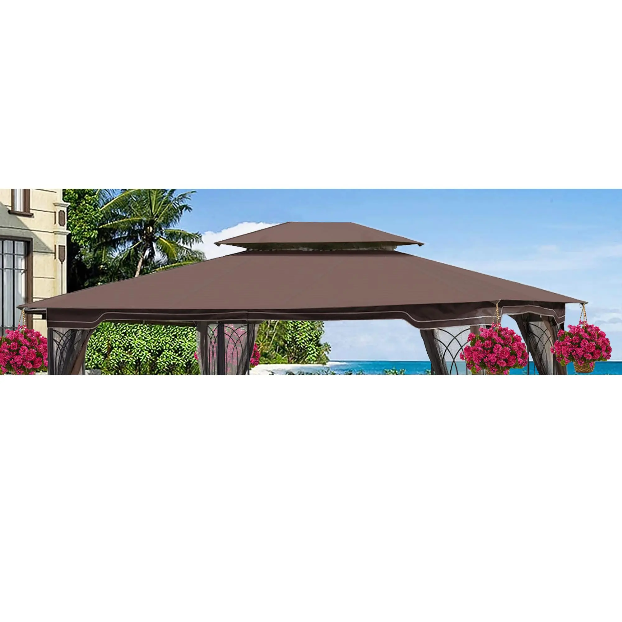 13x10 Ft Double Roof Gazebo Replacement Canopy – Brown, Polyester. UV Protection, Water-Repellent, Weather Fastness. Easy 4-Corner Install. Frame Not Included