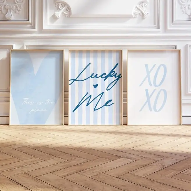 Pastel Blue Lucky Me Pin Stripe Set of 3 Wall Art Heart Luck you Poster Dorm Aesthetic Preppy Coquette Art Set