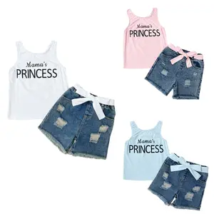 Ready Stock 6M-3Y Baby Girls Mother's Day Oufits Letter Print Sleeveless Tank Tops Belted Ripped Denim Shorts Set 2Pcs Summer Outfits GS112312014 Casual