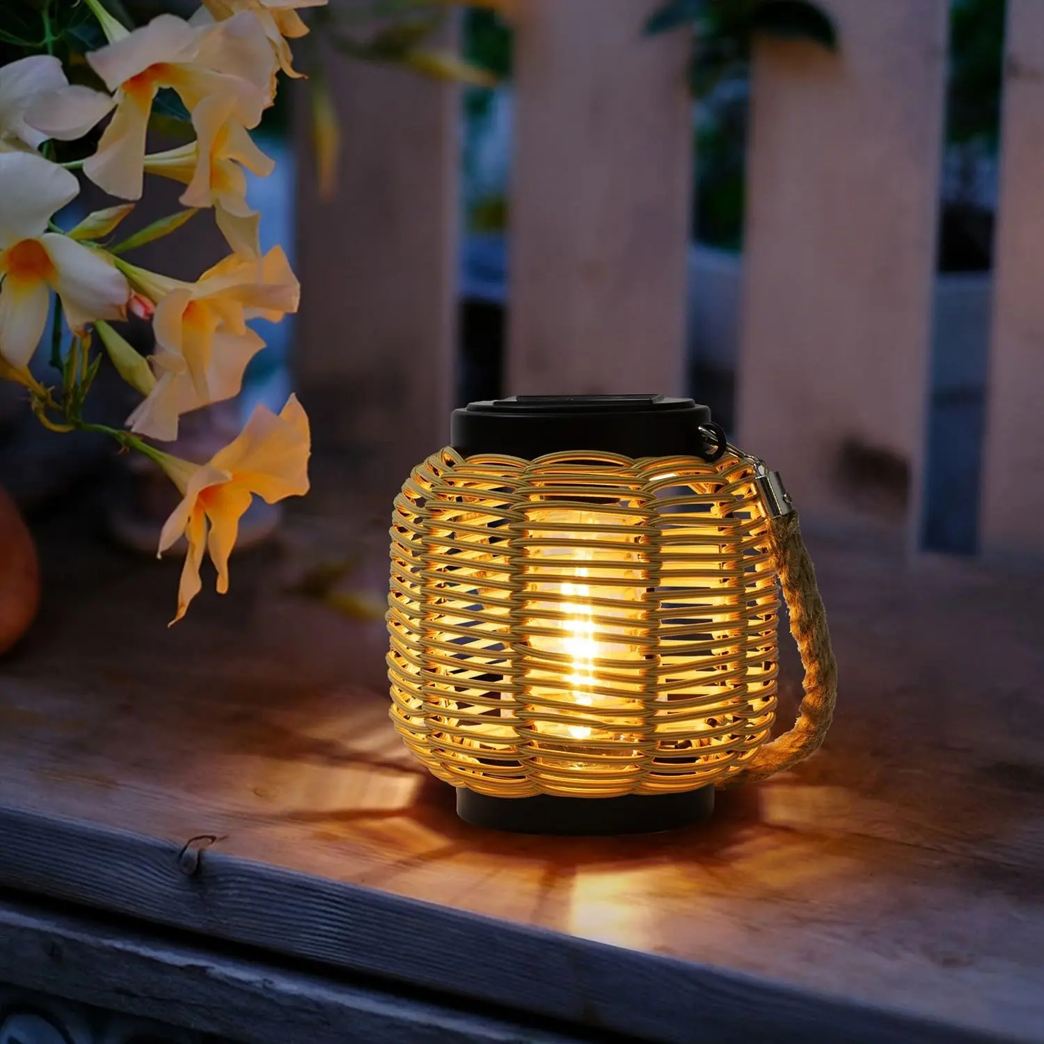 Outdoor Solar Lantern Rattan with Twine Handle Garden Hanging Lights Lanterns Waterproof for Table Deck Yard Patio Walkway Porch Home Decor