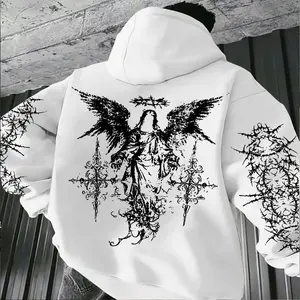 Men's Angel Element Graffiti Thorn Print Streetwear Hip-Hop Punk Style Hooded Sweatshirt, Regular Fit with Hooded Collar, Solid Color with Graphic Print, Casual Long-Sleeve Pullover