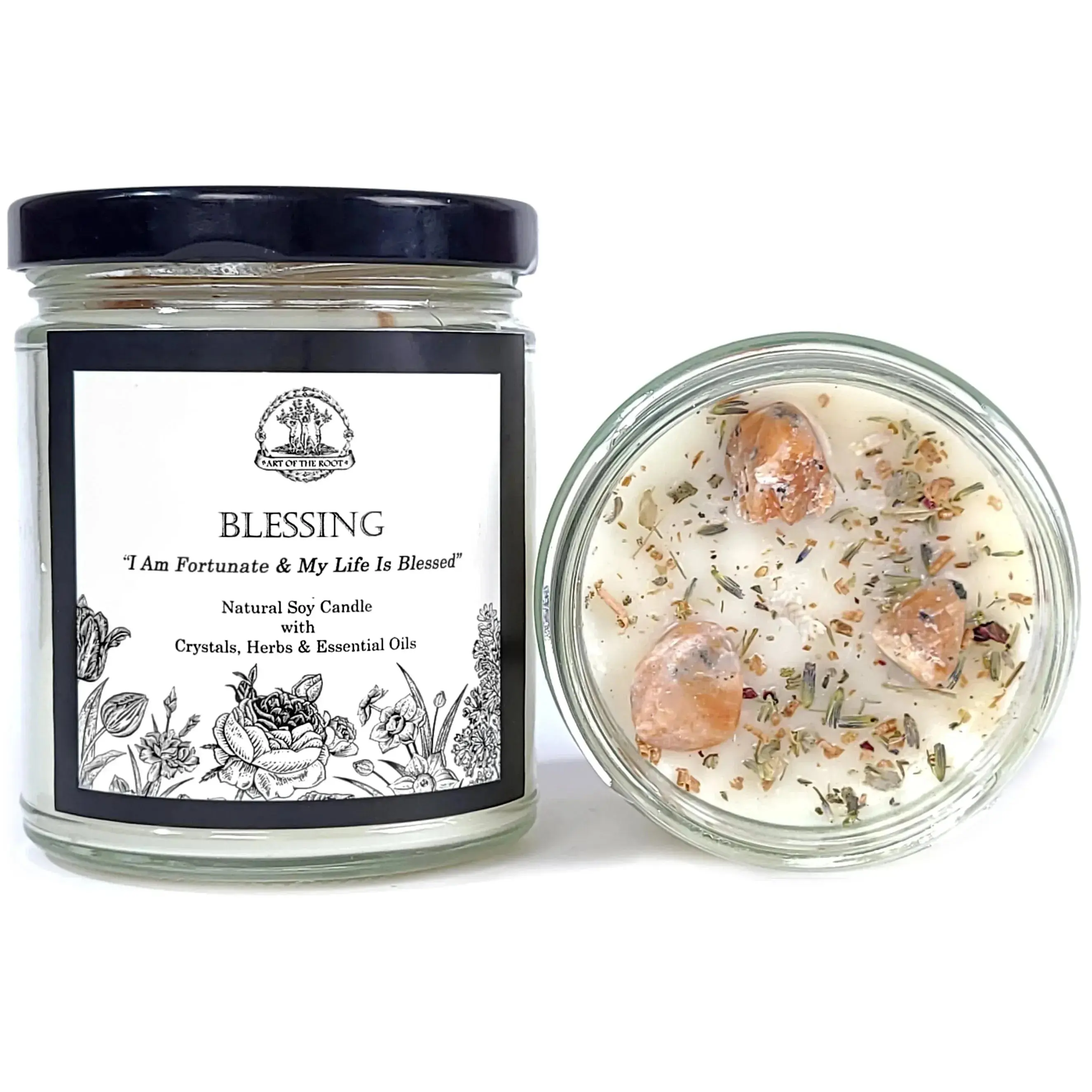 Blessing Affirmation Soy Candle with Crystals for Good Fortune & Protection