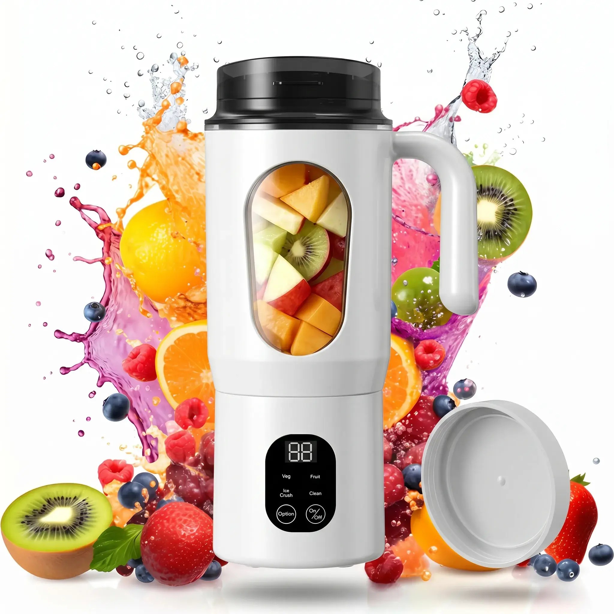 Portable Blender, 580ml Cordless Juicer Cup with Handle, 12 Blades Ice Crush Blender for Smoothies, USB-C Rechargeable Personal Blender with 4 Modes & Self-Cleaning, Leakproof Travel Blender for Shakes