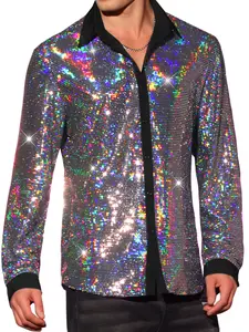 INSPIRE CHIC Sequin Shirt for Men's Long Sleeves Button Down Disco Party Metallic Shiny Shirts