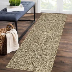 GARVEE Washable Runner Rug 2x10 Hallway Runners Printed Braided Distressed Runner Rug Solid Printed Weaving Entryway Carpet for Kitchen Living Room Home Office, Beige Yellow/ 2'×10'