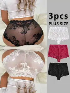 3-Piece Plus Size Lace Underwear Set for Women - Sheer Floral Mesh High-Waisted Panties (Black/White/Burgundy) Suitable for all seasons