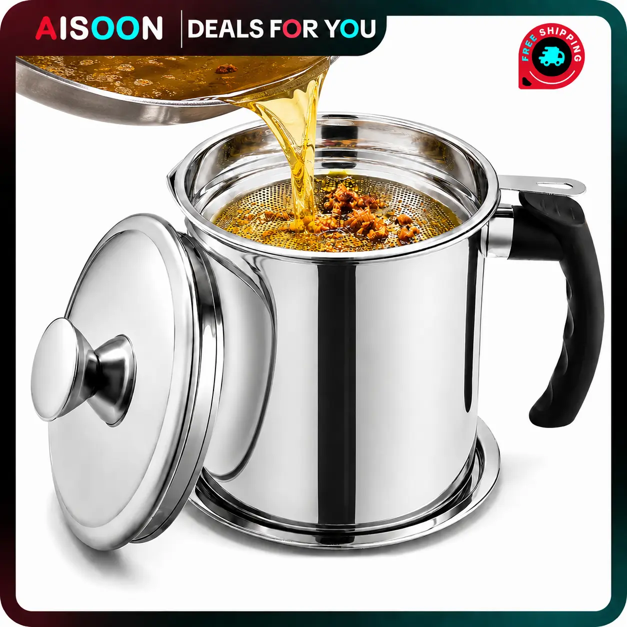 AISOON 48 oz Stainless Steel Bacon Grease Container with Strainer – Oil Storage Pot with Lid & Easy Grip Handle for Frying Oil, Cooking Grease, Fat, Deep Fryer Oil