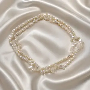 Keshi Pearl Anklet 3-4mm Double Layer White Freshwater Baroque Pearls Elastic Stretch Rope Boho Beach Ankle Bracelet Summer Vacation Jewelry