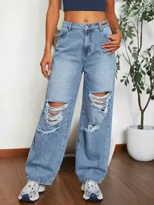 Women's Distressed Ripped Denim Wide-Leg Jeans Pants, Light Blue Washed Loose Fit Slimming Versatile Streetwear Denim Bottoms