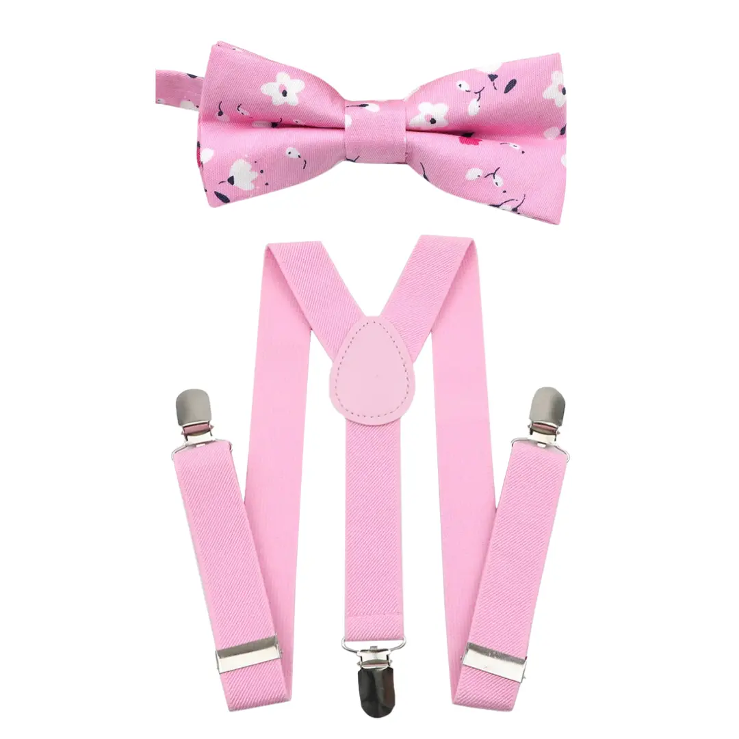 TIE MOOD Pink Floral Pre-Tied Bow Tie & Pink Suspenders Set | Bow Tie & Suspender for Boys & Dads | Easter Outfit