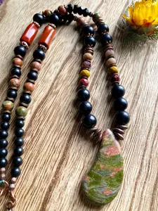 Shungite Long Necklace with Unakite + Jasper and Vintage Copper Beads