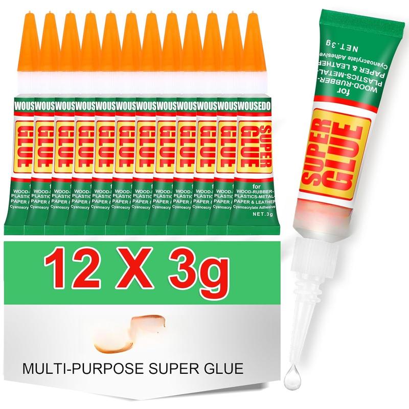 12 X 3g Super Glue Clear,  Adhesive,Super Glue Fast Drying Cyanoacrylate Glue for ,Rubber,Leather, Plastic, Metal, Rhinestone , DIY Crafts and More