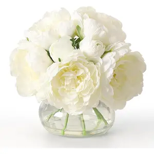 White Peonies Artificial Flowers in Vase, Silk Faux Peony Fake Flower Arrangements with Glass Vase and Faux Water for Home Decor Wedding