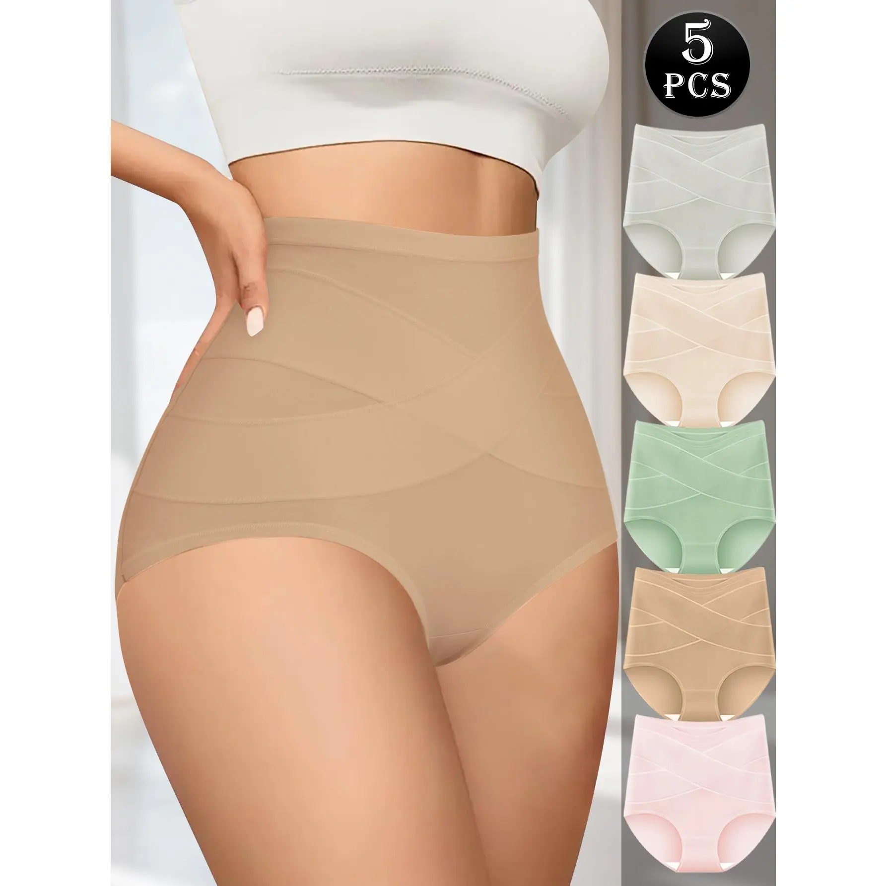 QUASTI Women's 5PCS High-Waisted Cotton Crossover Lady Panties - Adjustable, Minimalist, Skin-Friendly, Seamless, Butt-Lifting, Breathable, Full-Coverage, Smooth, Light, Modest, Comfortable Fit, Mix Colors, Everyday Wear, S-XXL summerwins