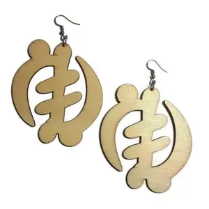 Gye Nyame Adinkra Symbol Natural Large Statement Dangle Wood Earrings