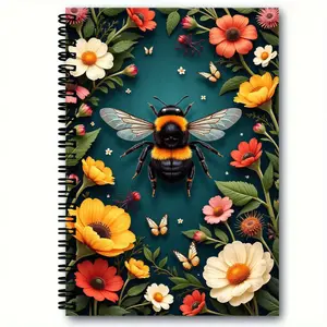 Spiral-Bound Notebook with Nature-Inspired Cover - Detailed Bumblebee, Colorful Flowers & Butterflies, Deep Teal Background, Whimsical Summer Design, Perfect for Journaling, Sketching, School & Office Supplies, Doodle Pad