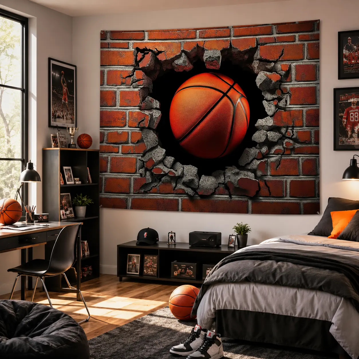 Basketball Wall Tapestry for Boys Bedroom, Brick Wall Sports Room Decor, Game Room Wall Hanging, Basketball Theme Dorm Decor Gift