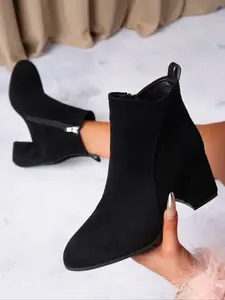 Women's Fashion Solid Color Short Boots, Chunky Heel, Casual Vintage Style, Round Toe British Style, Fall Winter Footwear