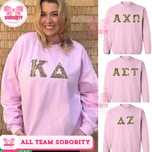 Camo Letters Light Pink Sorority Crewneck Sweatshirt, Greek Life Pullover, Cute College Sorority Apparel, Big Little Reveal Gift, Recruitment Bid Day Shirt