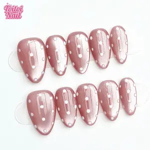 Pink Dot Handmade Press-On Nails | Short Almond Shape, 10pcs | Sweet Pink Cat Eye Polka Dot Design | Glossy White Dot Accents | Reusable DIY Nail Kit for Women | Trendy Nails for Spring, Summer, Travel & Daily Wear | Cute Girly Look | Nails Press Ons