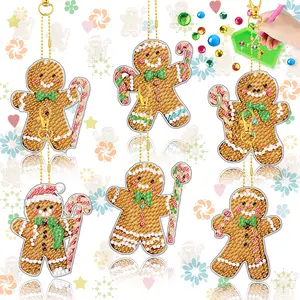 6-piece set, 5D diamond art pendant, gingerbread man DIY diamond painting keychain, includes key chain, handmade art decoration, includes tool kit, suitable for adult craft enthusiasts.