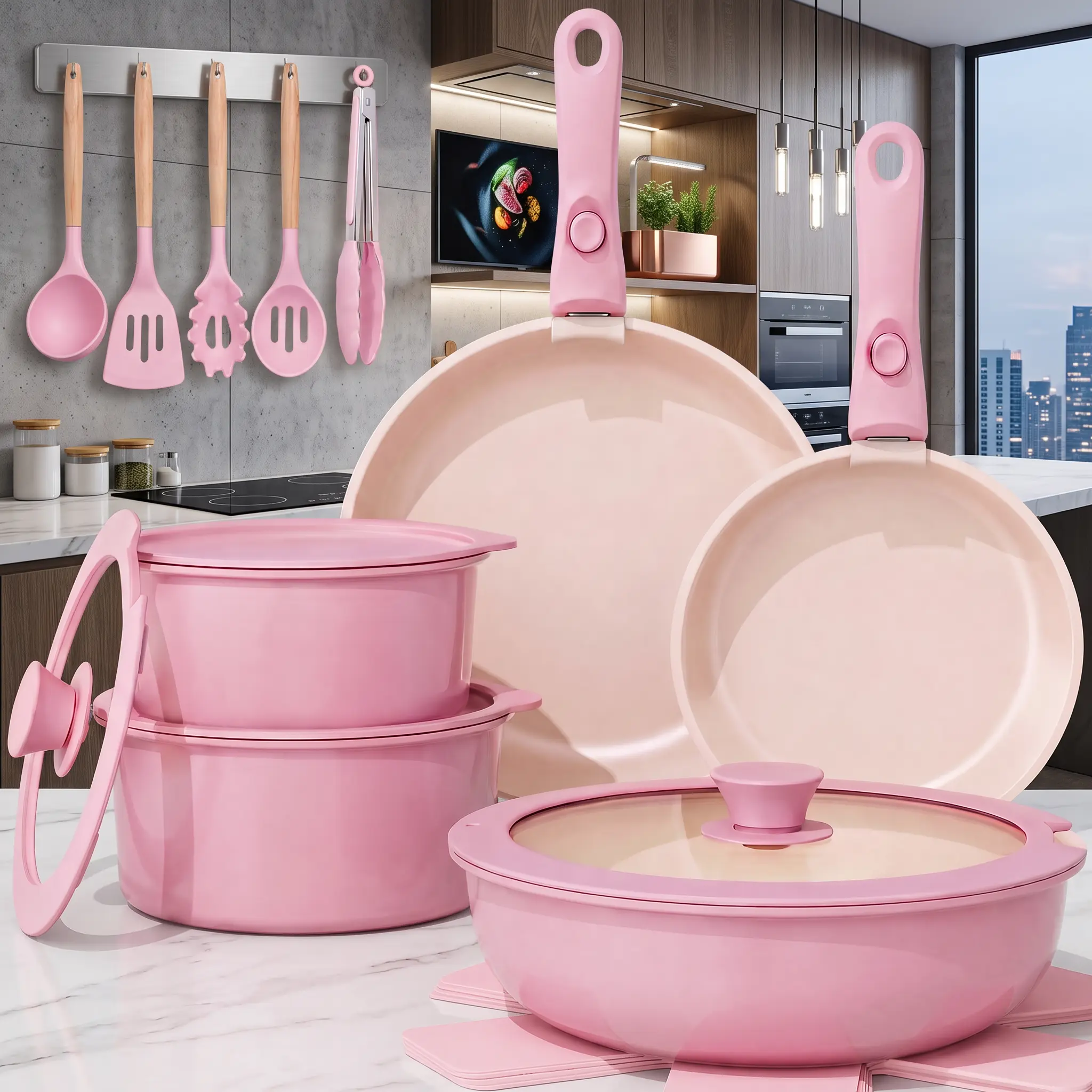 TAKSAT 19-piece and 21-piece mixed ceramic non-stick cookware set with insulated lids — includes soup pot, frying pan, and stew pot combination. Perfect for non-stick cooking, oven and dishwasher safe, induction stove compatible, PFOA-free kitchenware, wi