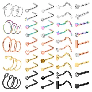 OIDEA Nose Ring Hoop Stud Set 20G 316L Surgical Steel Cubic Zirconia Rhinestone Diamond L-Shape Body Piercing Jewelry 55PCS Multi-Color