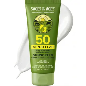 Organic Grass-Fed Tallow Mineral Sunscreen SPF 50 — No White Cast, Non-Nano Zinc Oxide, Reef Safe UVA/UVB, Water Resistant 80 Min, Moisturizing & Soothing with Aloe Vera, Face & Body, 3.4 oz