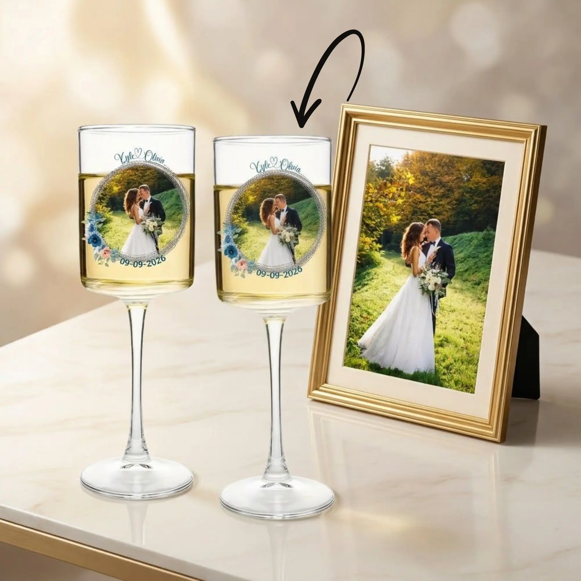 Personalized Wedding Wine Glasses Set of 2 | Custom Photo Wine Glasses with Names & Date | UV Printed 10oz Anniversary Gift for Couples