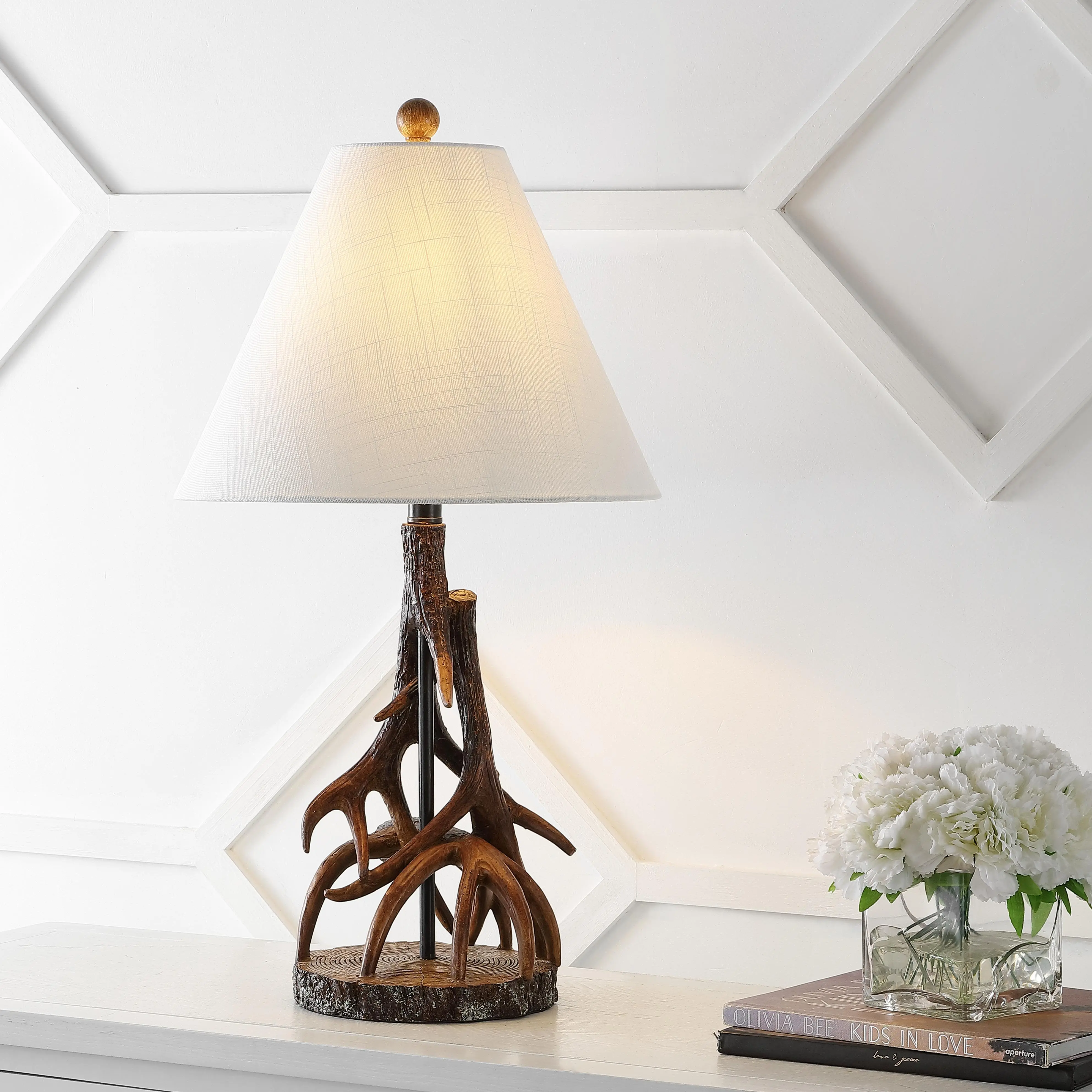 JONATHAN Y Cabell 26" Rustic Faux Antler Metal Resin Lamp, Brown/White | Linen Empire Shade, Bedside Nightstand Table Light, Desk End, UL Listed, Rotary Switch, LED Bulb Included