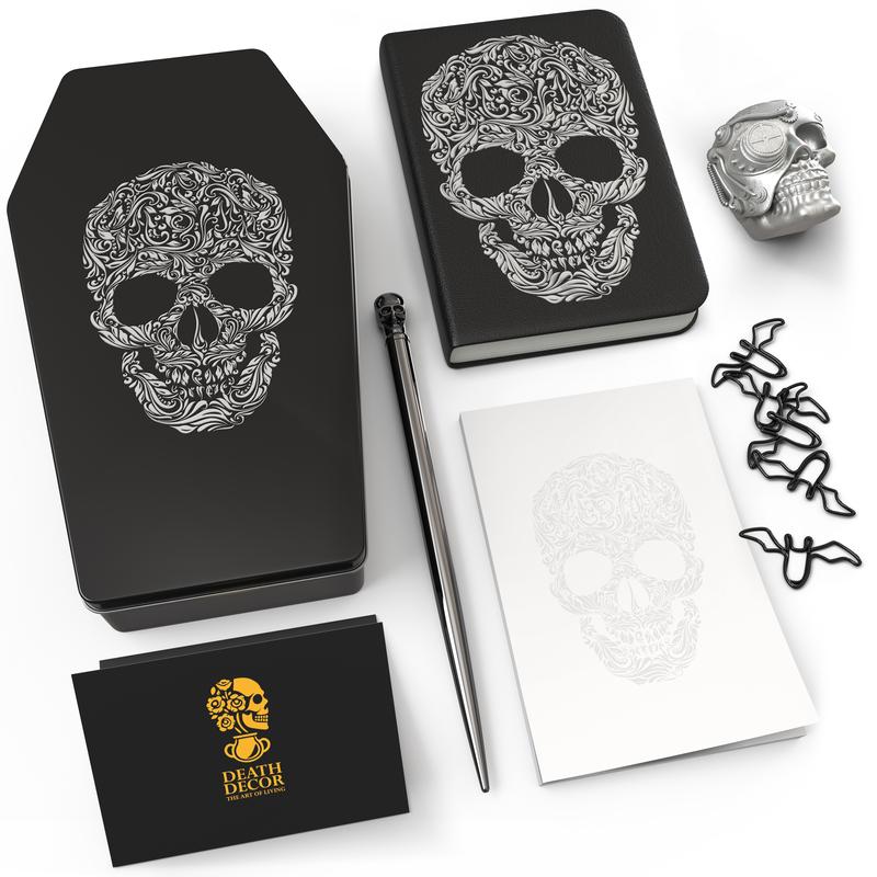 Gothic Skull Stationery Gift Set – Coffin Box with Journal, Pen, Sticky Notes, Magnet, Paper Clips & Gift Card