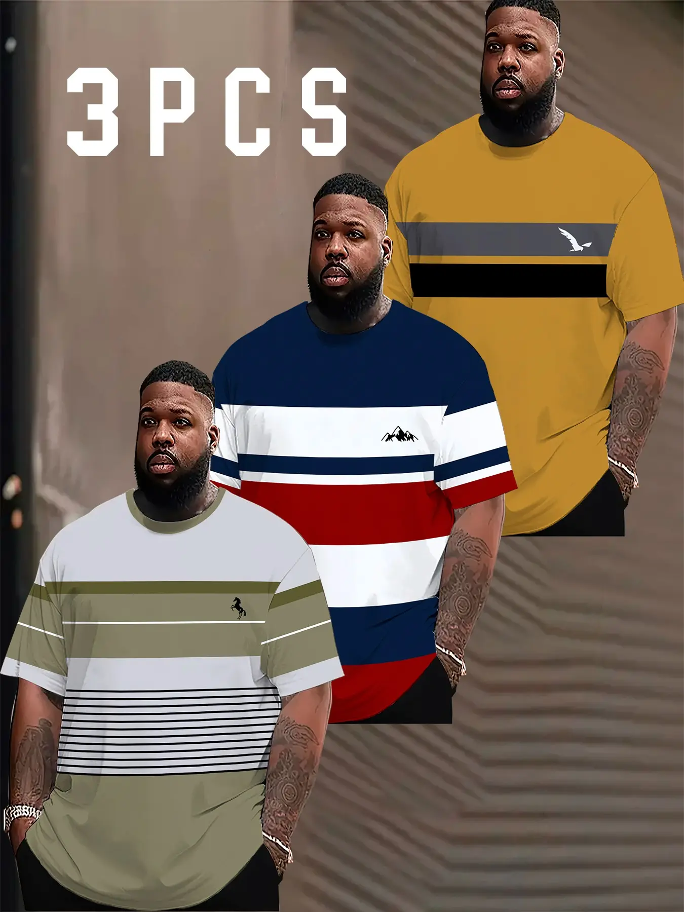 3-Pack Men's Loose-Fit Short Sleeve T-Shirts, Crewneck All-Over Print, Casual Fashion Streetwear Long Tee, Summer Round Neck, Multicolor, Size Large