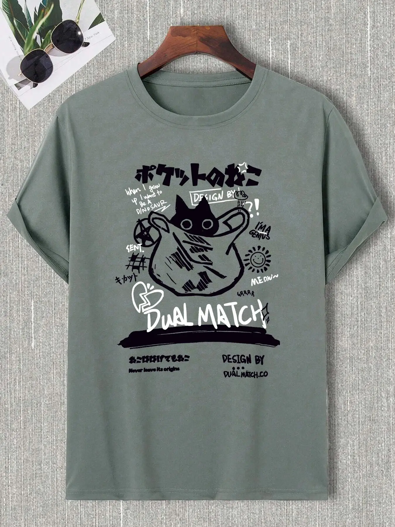 Men's Letter Cat Print Round Neck Tee, Regular Fit Casual Comfy Short Sleeve T-shirt for Summer, Men Top for Daily Wear, Summer Clothes