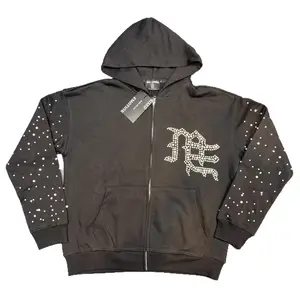 Oversized Rhinestone Zip Up Hoodie & Baggy Pants 2-Piece Set| Y2K Gothic Graphic Matching Streetwear Tracksuit| Unisex Hip Hop Outfits for Men Women Edgy OOTD