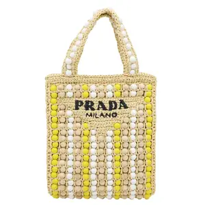 Pre-owned PRADA Raffia Wood Bead Tote Bags Embroidered Logo Tote Bag Multicolor