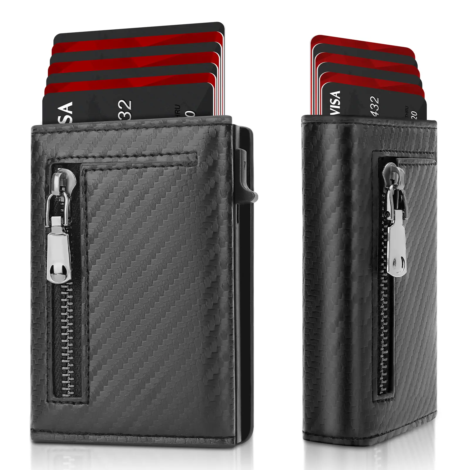 Men's Pop Up Wallet, Carbon Fiber Slim Bifold Wallet with Zipper Coin Pocket, Holds Up to 9 Cards, Quick Access Card Holder, Minimalist Front Pocket Wallet for Men