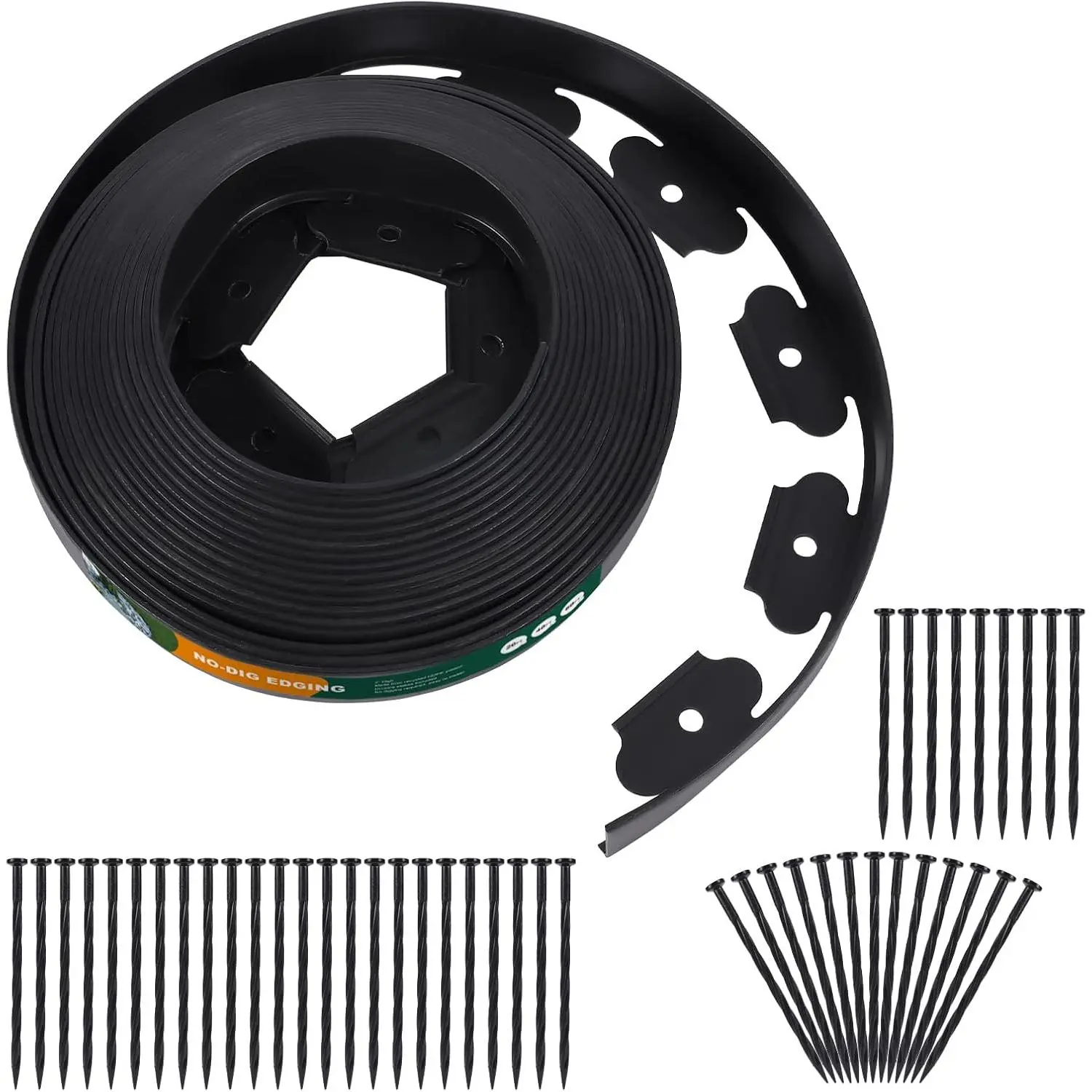 40ft Long Synthetic No-Dig Garden Landscape Edging Kit, 2-Inch Tall Durable Black Plastic Lawn Borders with 48 Anchoring Spikes for Landscaping, Flower Beds
