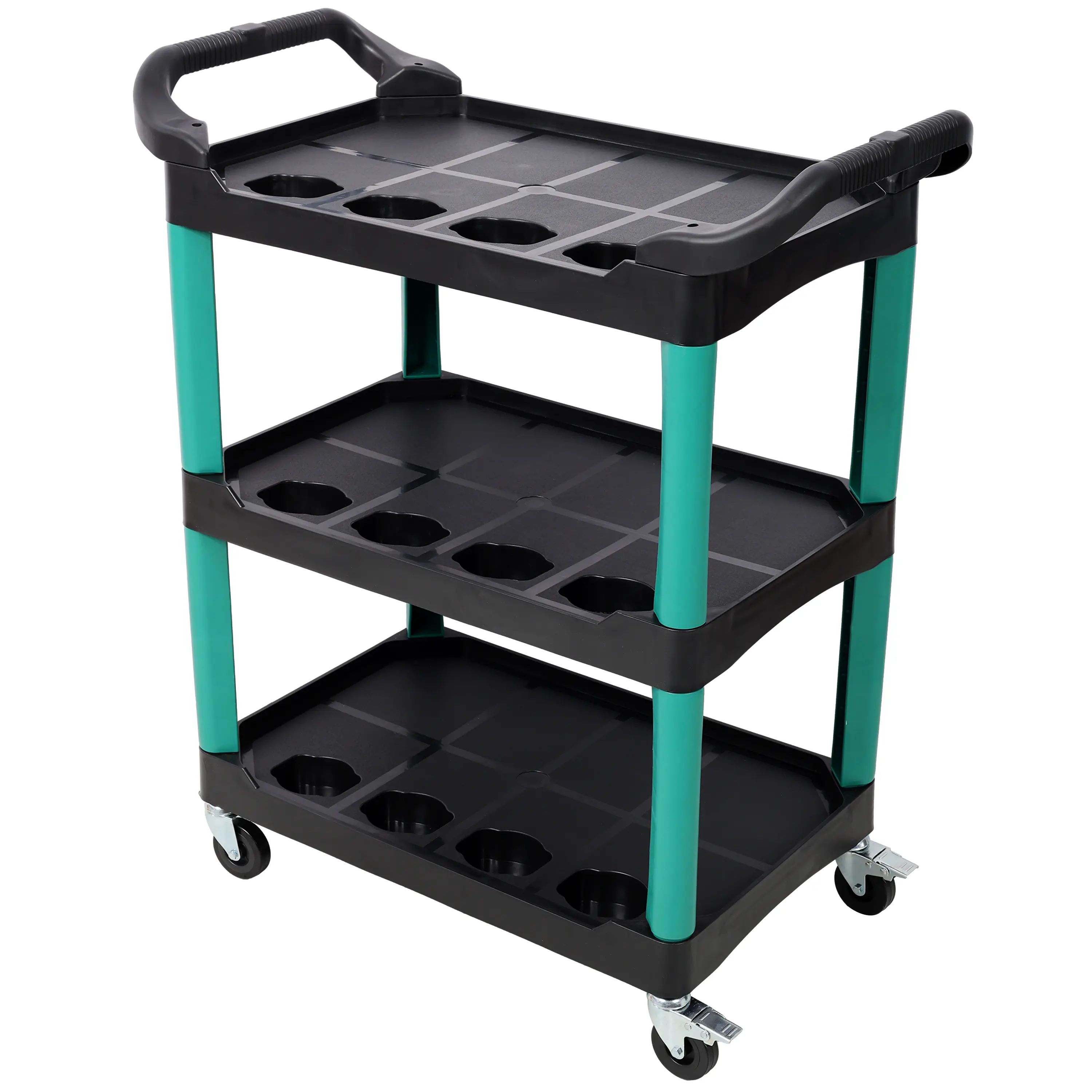 Durable 3-Tier Freestanding Plastic Mobile Tool Cart with Rolling Wheels, Shelves, Racks - Garage Tool Storage, Multifunctional Auto Detail Organizer for Workshop (Black+Green), 3-Layer