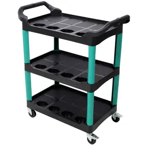 Multifunctional 3-Tier Plastic Tool Cart with Rolling Wheels, Shelves and Load Capacity - Auto Detail Organizer for Garage, Workshop (Green Black)